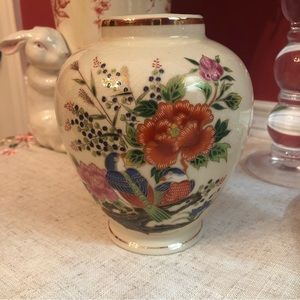 Vintage Enesco Japan Crackle Glaze Oriental Vase with Blue Birds Floral Motif